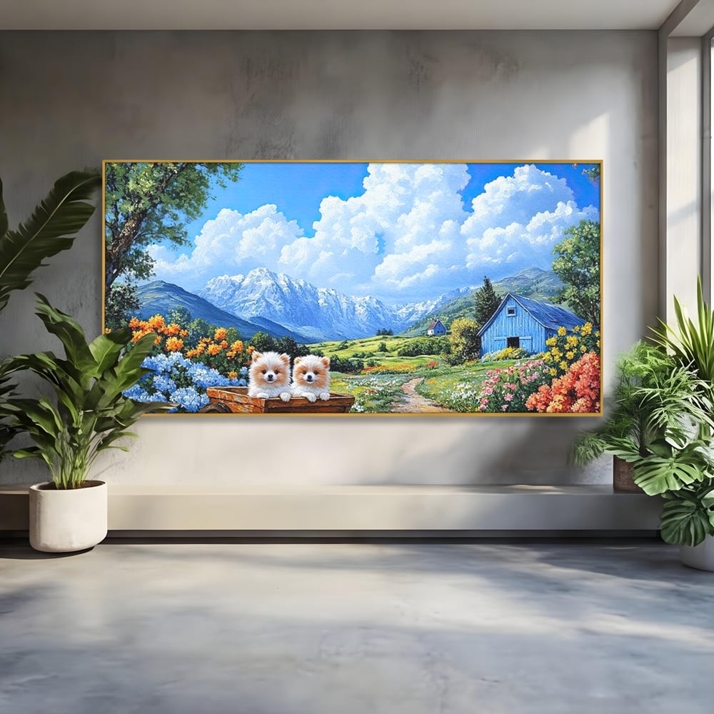 Tablou canvas cu tablou canvas cu catei in caruta si munti, in rama de aluminiu auriu